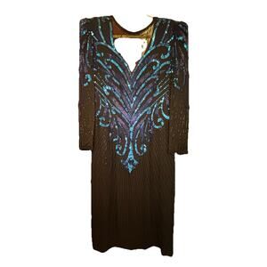 A.J. Bari Silk Beaded And Sequin Dress Long Sleeved Black And Blue